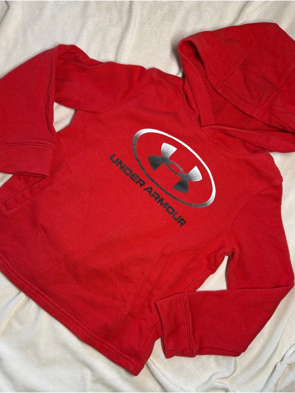 Under Armour Kids Red Hooded Pullover with Silver Logo